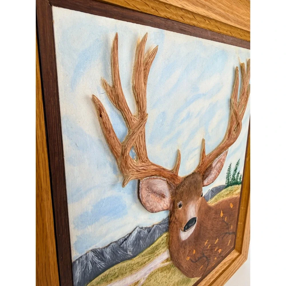 Ponte-Corvo 1998 Handcrafted 3D Deer Buck Relief Sculpture Framed Oak Art
